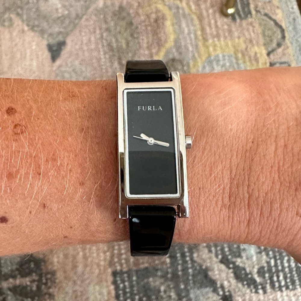 FURLA Black Silvertone Steel Rectangle Watch